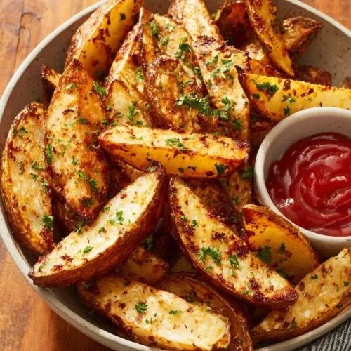 Crispy air fryer potato wedges served with ketchup.