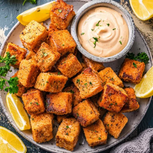 Crispy air fryer salmon bites with creamy Cajun sauce