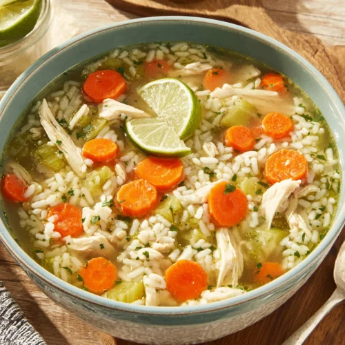 Chicken Rice Soup: A Comforting Delight for Everyone 1 Delicious chicken rice soup with fresh vegetables and lime.
