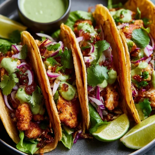Delicious Chicken Tacos: Quick and Easy Weeknight Dinners 1 Delicious chicken tacos with creamy green sauce, perfect for family meals.