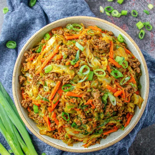 Egg Roll in a Bowl: A Deliciously Simple Weeknight Dinner 1 Healthy egg roll in a bowl recipe packed with veggies and ground beef.