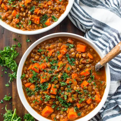 Delicious instant pot lentil soup for meal prep.