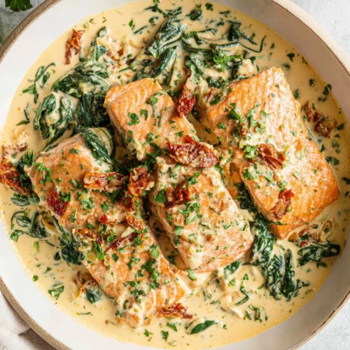 Keto Tuscan Salmon: A Savory, Creamy Delight 1 Keto Tuscan salmon in a creamy sauce with spinach.