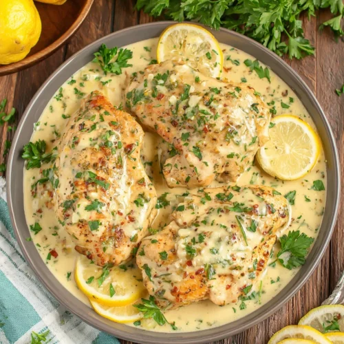 Lemon Garlic Chicken: A Deliciously Easy Weeknight Dinner 1 Delicious lemon garlic chicken served with creamy sauce.