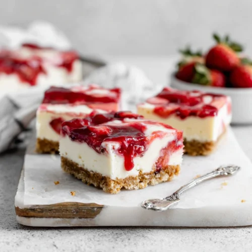No-bake strawberry cheesecake with a fresh strawberry swirl.