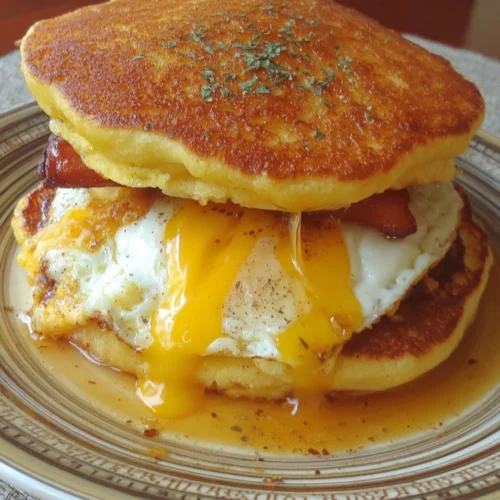 Pancake sandwich with cheese, egg, and ham.
