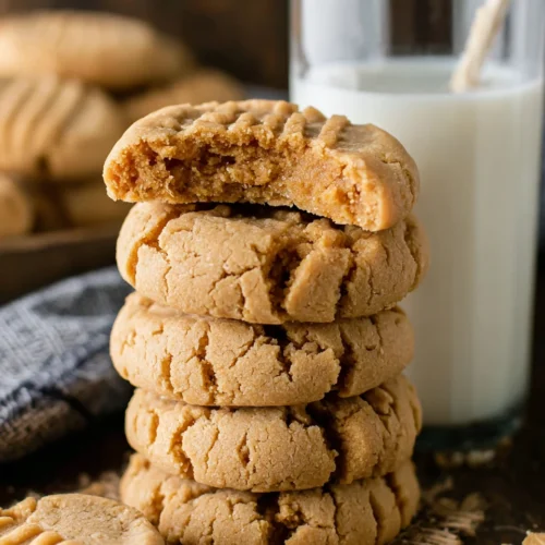 Delicious Peanut Butter Cookies That Everyone Loves 1 Delicious peanut butter cookies stacked on a table.