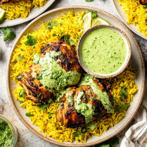 Delicious Peruvian Chicken: Easy, Flavorful Weeknight Dinner 1 Delicious Peruvian chicken served with yellow rice and green sauce.