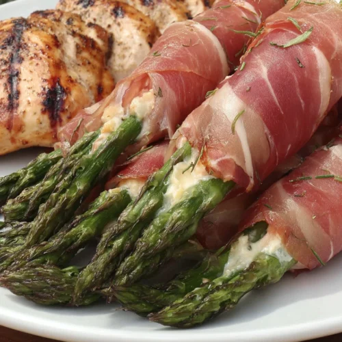 Delicious Prosciutto Asparagus - An Easy Snack Delight 1 Savory prosciutto asparagus wrapped with cheese for a delightful snack.