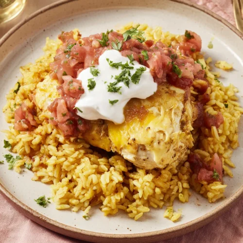 Salsa Chicken: A Simple and Delicious Family Favorite 1 Delicious salsa chicken served with rice, topped with sour cream.