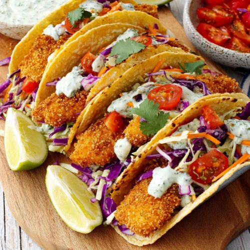 Air Fryer Fish Tacos: Easy and Flavorful Delight 1 Air fryer fish tacos with crispy fish and zesty sauce.