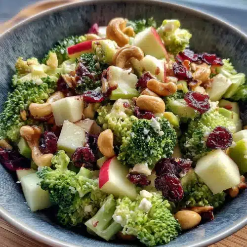 Delicious Broccoli Cashew Salad with Apples for Everyone 1 Broccoli cashew salad with apples, nuts, and cranberries.