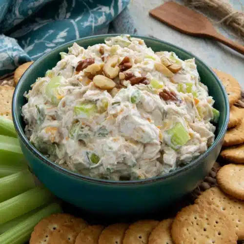 Delicious Chicken Salad: A Quick and Healthy Delight 1 Delicious chicken salad with crunchy toppings and crackers