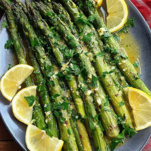 Lemon Garlic Asparagus: A Delicious and Healthy Side 1 Lemon garlic asparagus with fresh parsley and lemon slices.