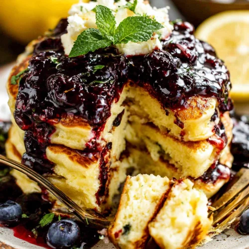 Lemon Ricotta Pancakes: A Bright and Fluffy Delight 1 Delicious lemon ricotta pancakes with blueberry sauce.