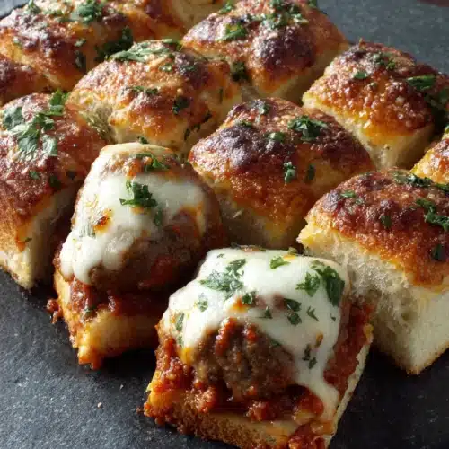 Delicious Meatball Stuffed Garlic Bread Sliders 1 Savory meatball stuffed garlic bread sliders ready to serve.