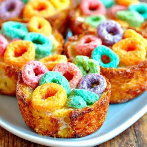 Muffin Tin Fruit Loop French Toast: A Whimsical Breakfast Delight 1 Muffin tin fruit loop french toast with colorful cereal topping.