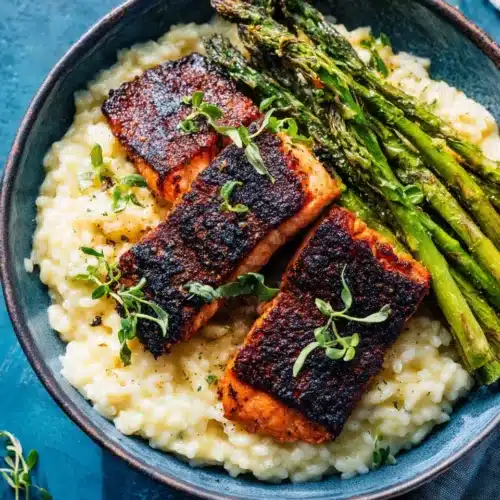 Salmon and Asparagus with Lemon: A Delicious Weeknight Delight 1 Salmon and asparagus with lemon risotto dish.