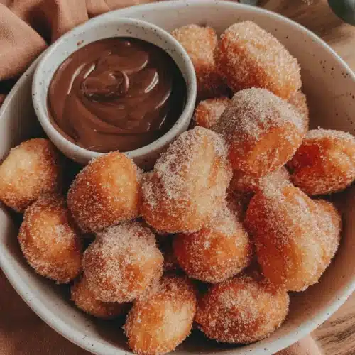 Air Fryer Churro Bites: Deliciously Crispy Treats 1 Air fryer churro bites served with chocolate dipping sauce.