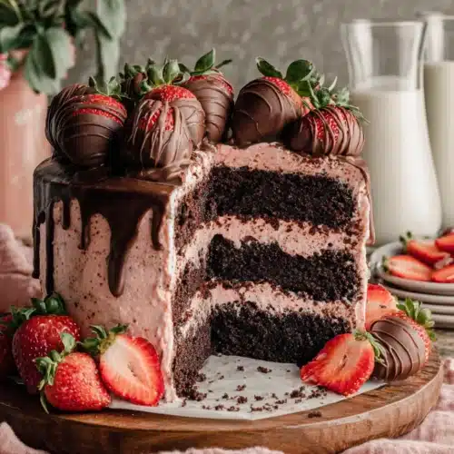 Chocolate Covered Strawberry Cake: A Decadent Delight 1 Chocolate covered strawberry cake with moist brownie layers, pink frosting, chocolate drip, and fresh strawberries