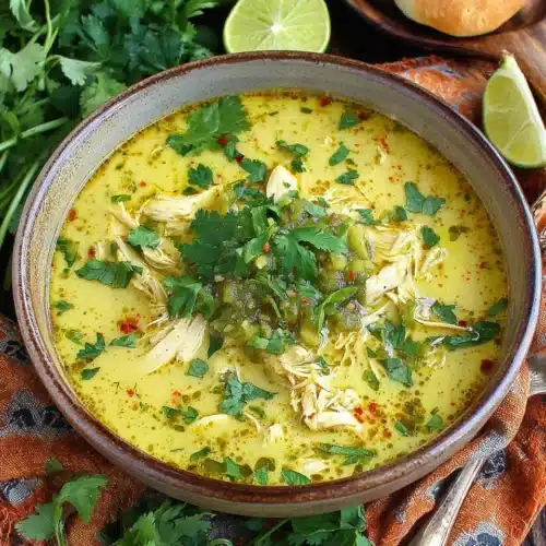 Delicious green enchilada chicken soup with cilantro.