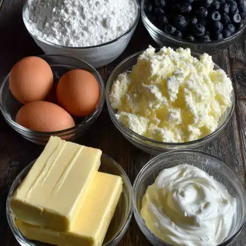 Lemon Blueberry Bundt Cake: A Delightfully Sweet Treat 1 Key ingredients for lemon blueberry bundt cake: eggs, butter, and sour cream.