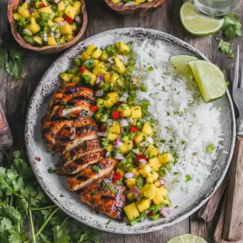 Juicy mango salsa grilled chicken served with rice.