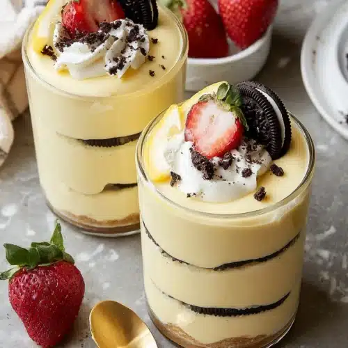 Delicious no-bake lemon cheesecake parfaits with strawberries.