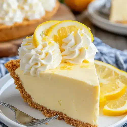 No-bake lemon cream pie slice with whipped cream and lemon slices.