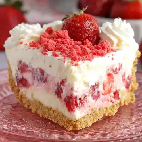 No-Bake Strawberry Delight: A Refreshing Treat for Everyone 1 A slice of no-bake strawberry delight with layers of cream cheese, strawberries, and graham cracker crust