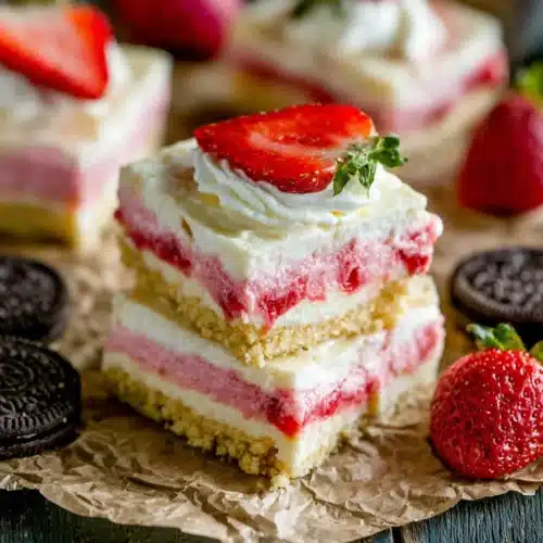 No-Bake Strawberry Shortcake Cheesecake Bars: Simply Divine Dessert 1 No-bake strawberry shortcake cheesecake bars with Oreo crust and fresh strawberry topping