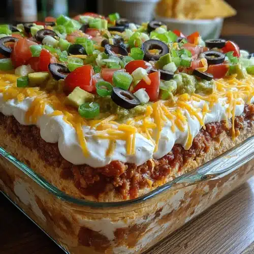 Delicious seven layer taco dip with colorful layers.