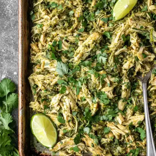 Sheet Pan Salsa Verde Chicken: A Flavorful Delight 1 Sheet pan salsa verde chicken with cilantro and lime.