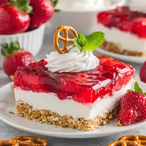 Delicious Strawberry Pretzel Salad: A Family Favorite 1 A slice of strawberry pretzel salad with layers of pretzel crust, cream cheese, and strawberry Jell-O, topped with whipped cream and a pretzel.