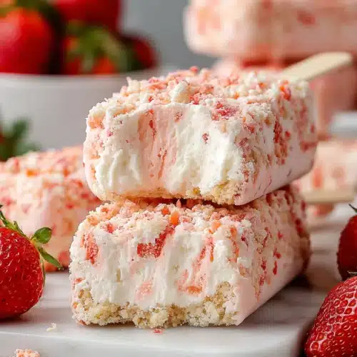 Strawberry shortcake ice cream bar with crunchy coating and fresh strawberries