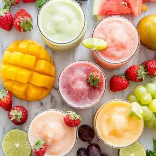Refreshing Agua Frescas: A Simple and Delicious Treat 1 Colorful agua frescas with fresh fruit garnishes on marble