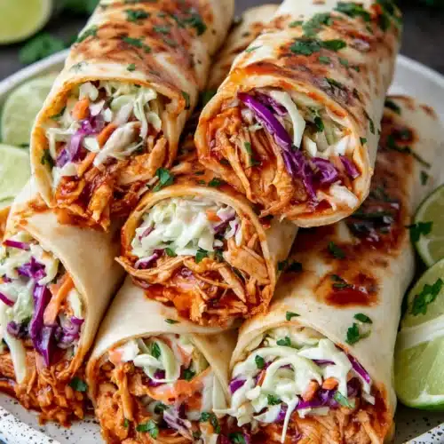 BBQ chicken coleslaw wraps with tangy slaw and juicy chicken, served on a plate with lime wedges