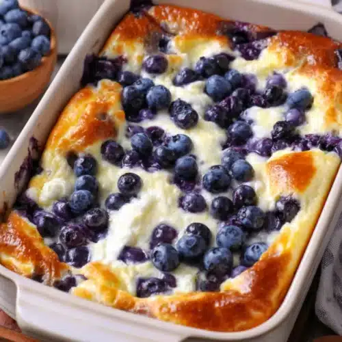 Blueberry Cottage Cheese Breakfast Bake: A Healthy Delight 1 Blueberry cottage cheese breakfast bake in a dish, topped with fresh blueberries