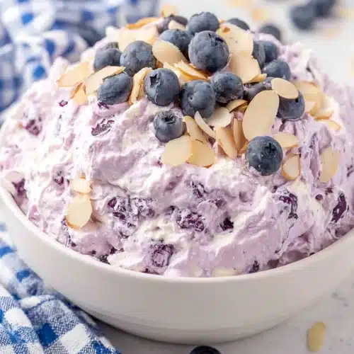 Blueberry Fluff Salad: A Delightful and Easy Treat 1 Blueberry fluff salad in a bowl with fresh blueberries and sliced almonds