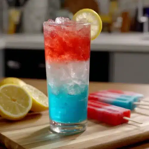 Bomb pop cocktail with red, white, and blue layers, lemon slices, and popsicles on a wooden board.