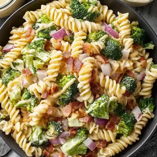 Delicious Broccoli Pasta Salad You’ll Love 1 Creamy broccoli pasta salad with rotini, broccoli, bacon, and red onion in a dark bowl