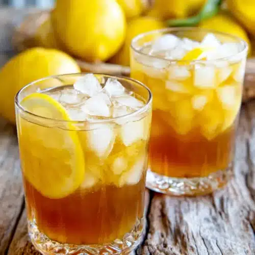 Delicious Brown Sugar Lemonade: A Refreshing Twist 1 Two glasses of brown sugar lemonade with ice and lemon slices, fresh lemons in background
