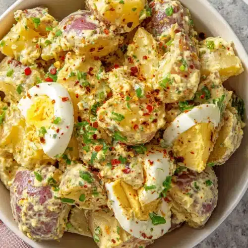 Cajun potato salad dressing with red potatoes, herbs, and spices in a white bowl