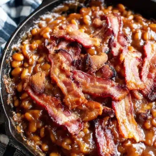 Canned Baked Beans: A Simple and Delicious Treat 1 Canned baked beans with bacon in a skillet, warm and savory