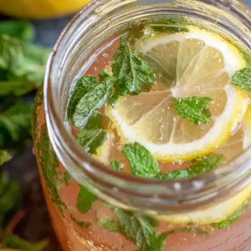 Copycat Chick-Fil-A Watermelon Mint Lemonade: Refreshing Delight 1 Copycat Chick-Fil-A watermelon mint lemonade in a glass jar with lemon slices and mint leaves