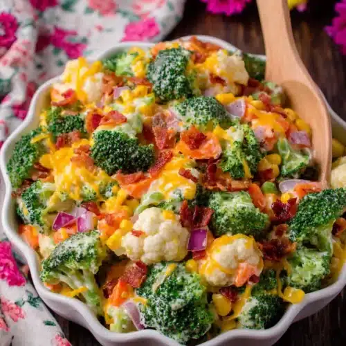 Creamy Broccoli Salad: A Deliciously Easy Side Dish 1 Creamy broccoli salad with bacon, cheddar, and vegetables in a white bowl