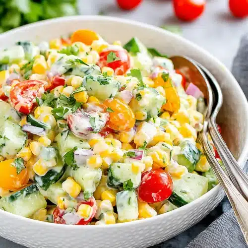 Creamy Corn Salad Recipe: Delightfully Refreshing 1 Creamy corn salad with tomatoes, cucumbers, and cilantro in a white bowl