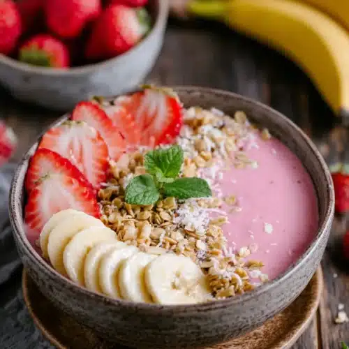 Creamy Strawberry Banana Smoothie Bowl: A Delicious Treat 1 Creamy strawberry banana smoothie bowl with fresh fruit and granola toppings