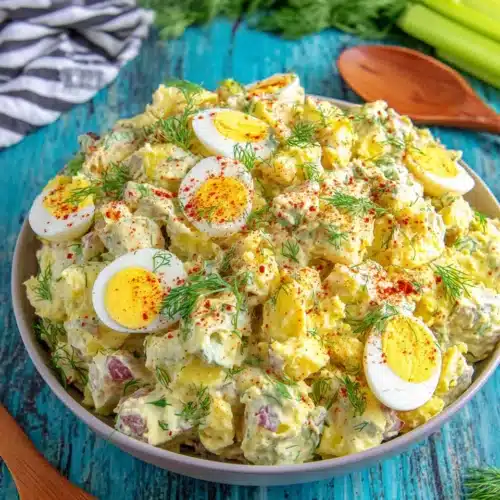 Deviled Egg Potato Salad: A Creamy Delight for Everyone 1 Creamy deviled egg potato salad with hard-boiled egg garnish and fresh dill