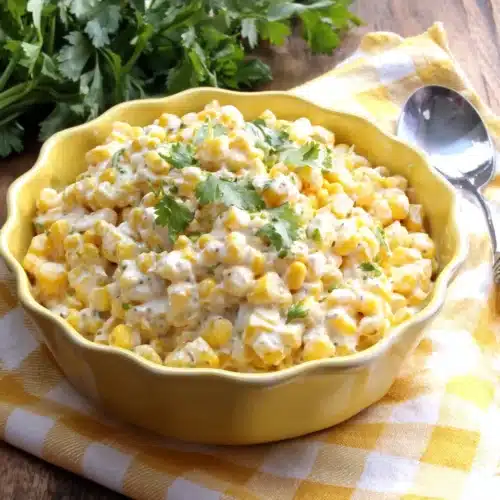 Elote Corn Salad: A Deliciously Creamy Treat 1 Creamy elote corn salad with cilantro in a yellow bowl